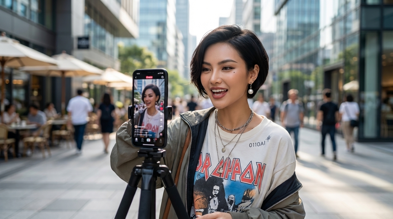 AI influencer creating short-form video content using AI tools on smartphone