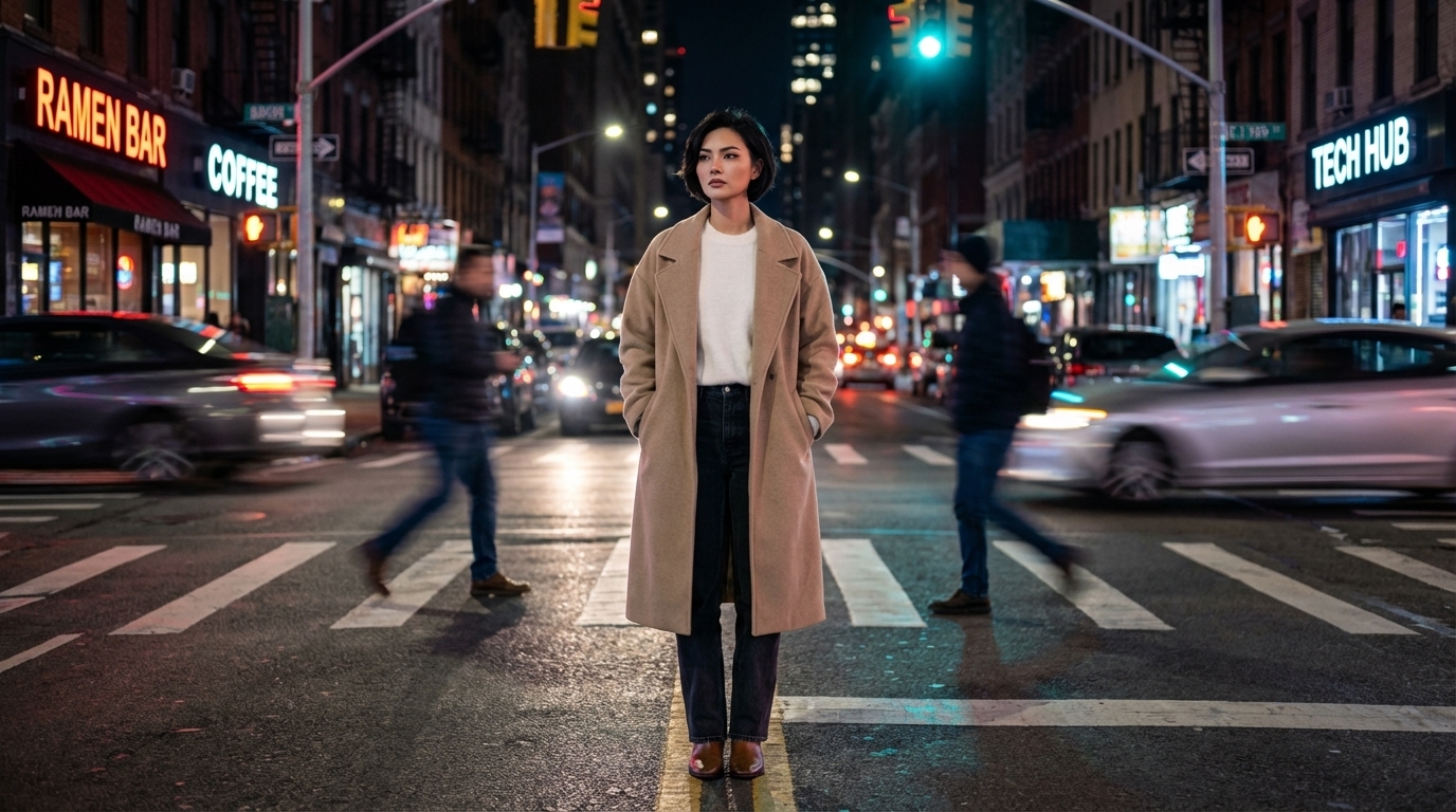 Nia walking alone in a city at night feeling invisible in the crowd