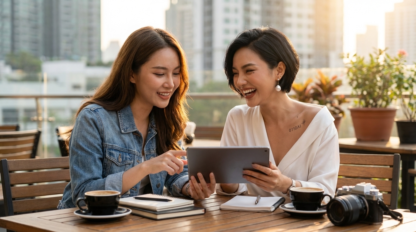 AI influencer editing content workflow using laptop and social media scheduling tools