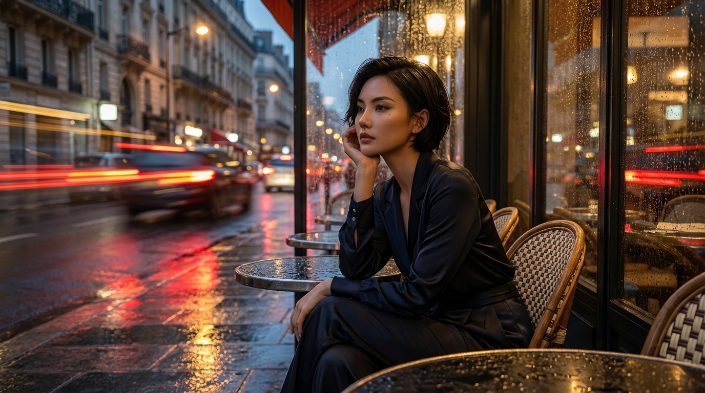 Nia sitting by city canal at night, phone glow reflecting on water, the moment of first digital connection