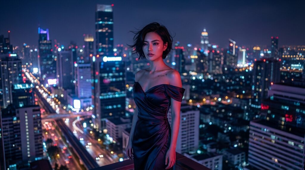 Nia standing alone at night holding her phone before publishing her first honest post