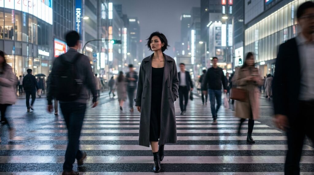 Nia walking alone in a city at night feeling invisible in the crowd