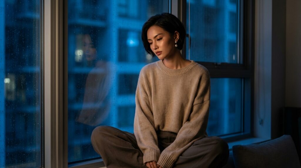 Nia sitting quietly at night reflecting on feeling different from everyone else