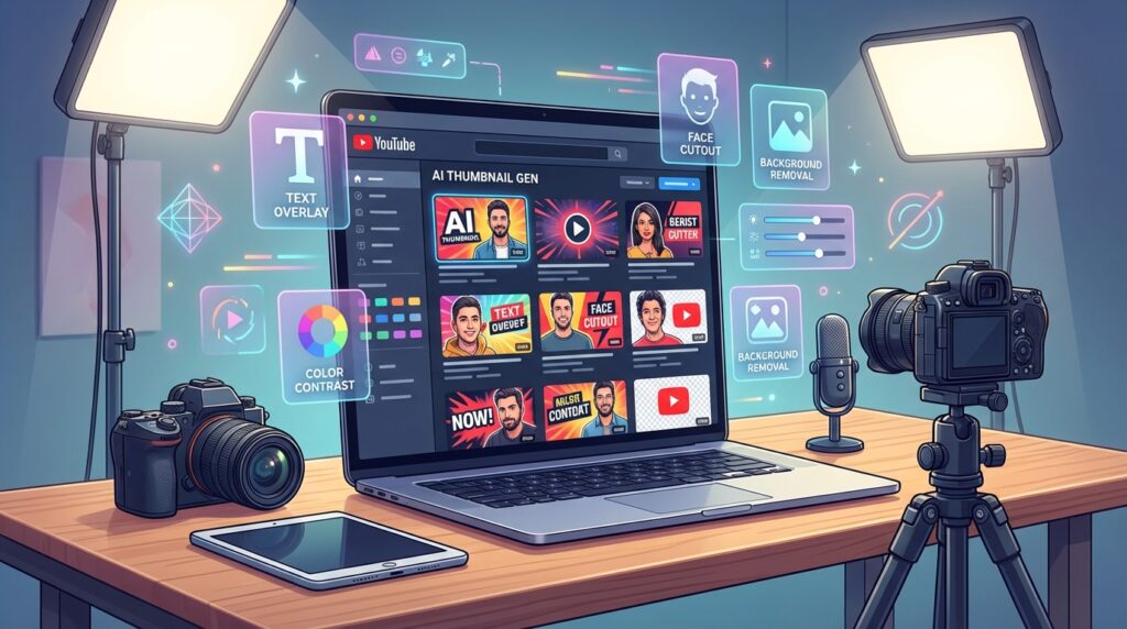 AI thumbnail generator tools for YouTubers creating video thumbnails with AI design software