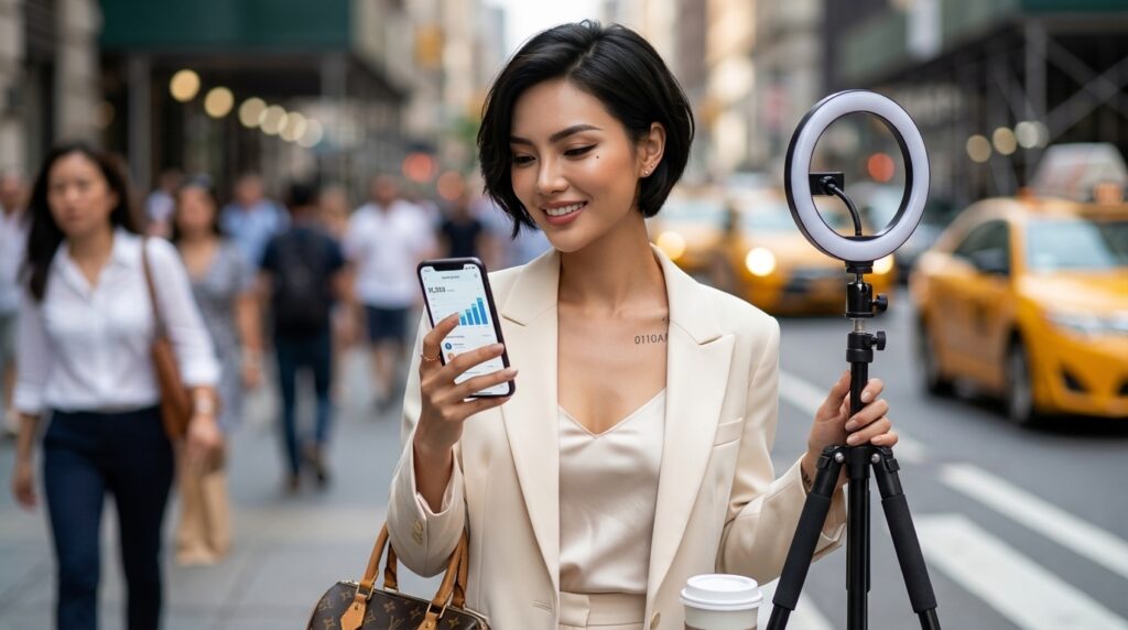 Image Alt Text AI influencer growing followers fast shown in a dynamic urban lifestyle creator scene using smartphone and social media tools