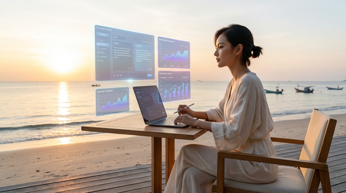 AI influencer managing multilingual content production workflow