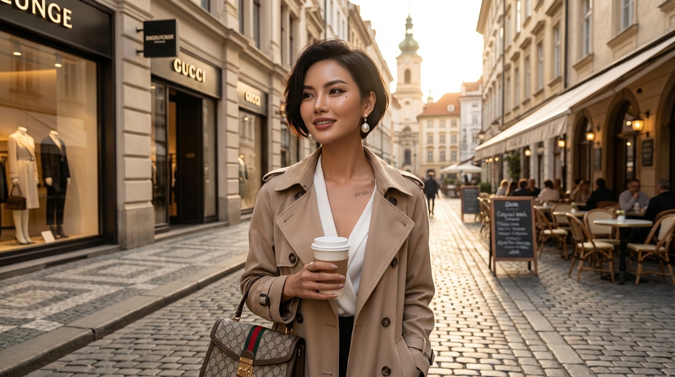 realistic AI influencer exploring travel and fashion niche on elegant European style street with cafe terrace boutiques and aspirational creator branding