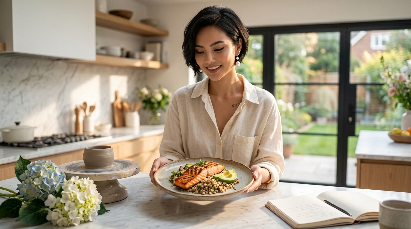 realistic AI influencer exploring beauty wellness and food niche in bright modern kitchen with healthy meal flowers and premium lifestyle atmosphere