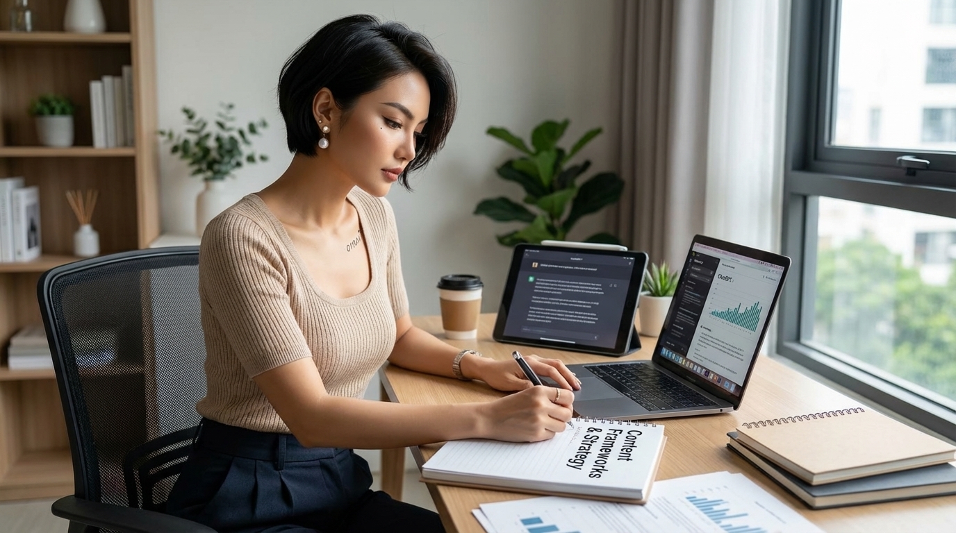 AI influencer reviewing strategic positioning and brand authority frameworks in a premium workspace