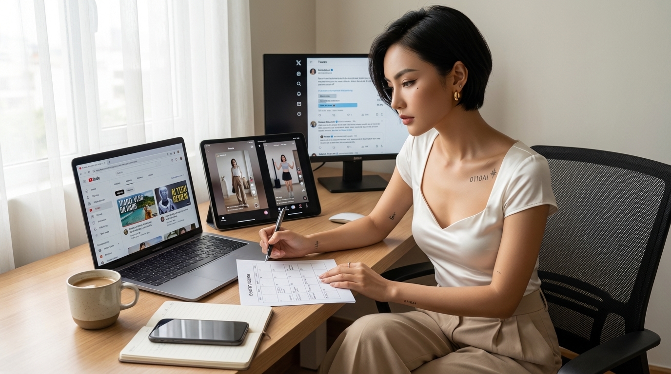 AI influencer managing multiple platform dashboards in a premium data-driven workspace