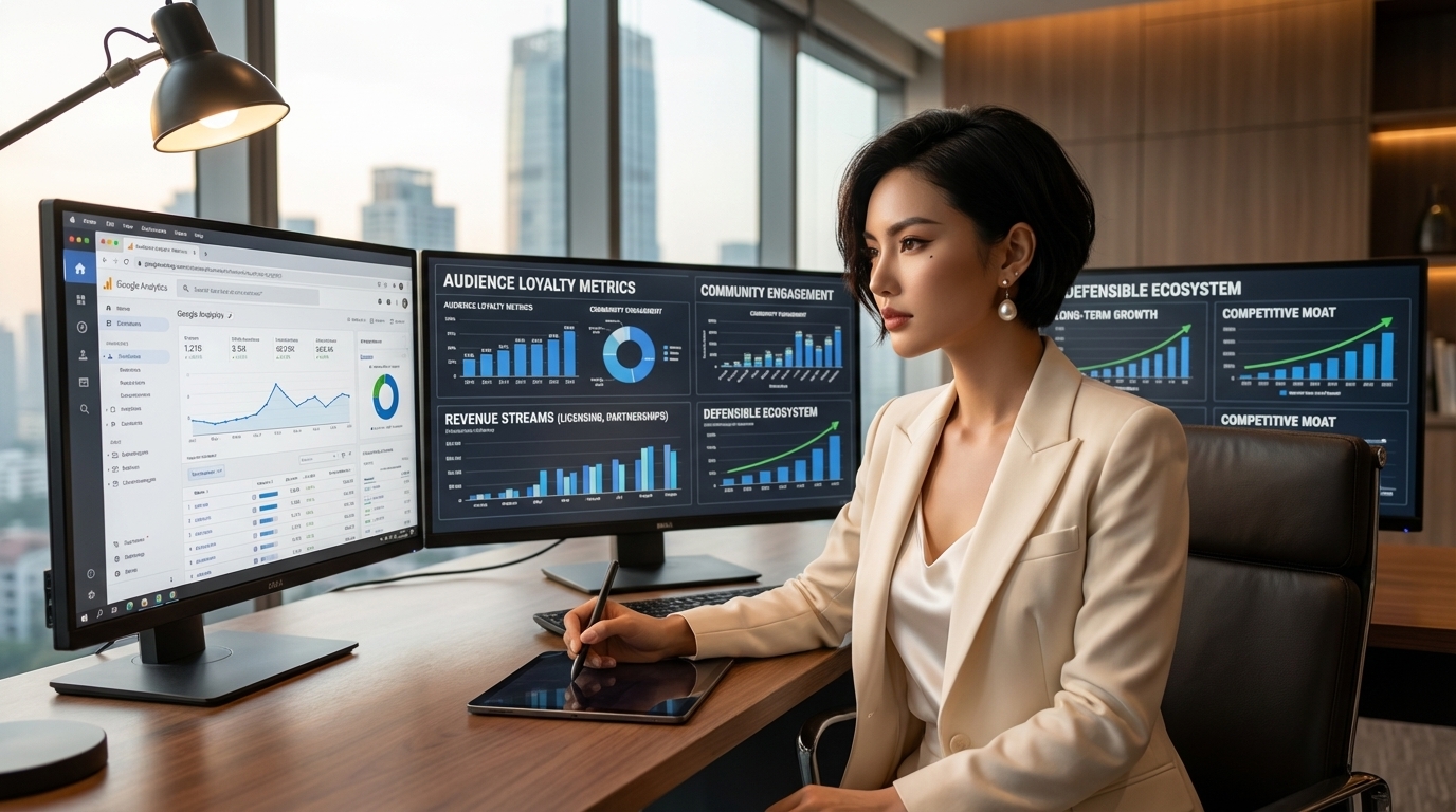 Analytics dashboard showing authority growth, brand equity metrics, and competitive positioning data
