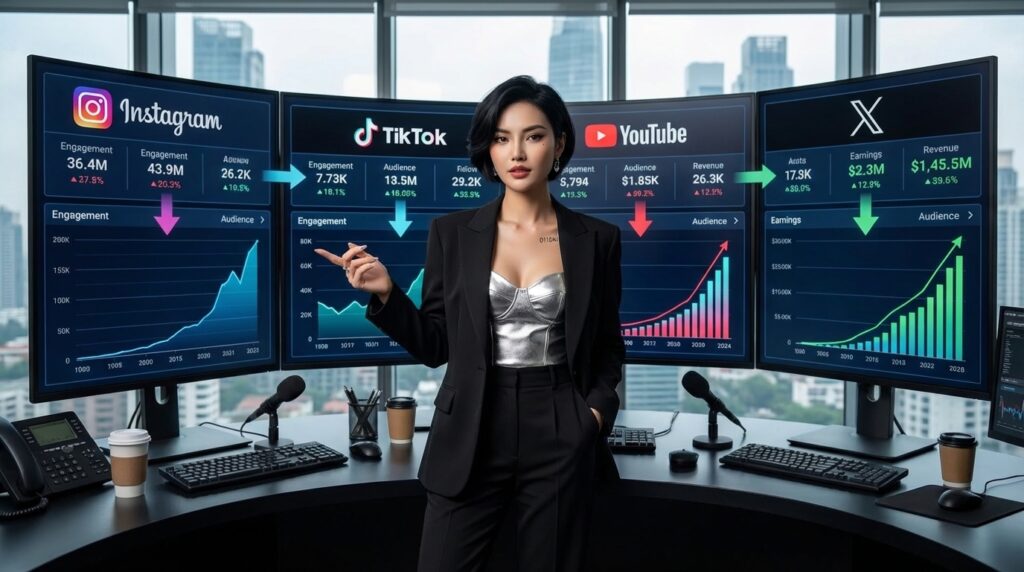 AI influencer managing multi-platform ecosystem dashboards with data-driven strategy interface