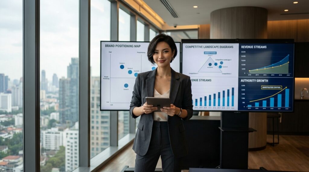 AI influencer reviewing strategic positioning and brand authority frameworks in a premium data-driven workspace